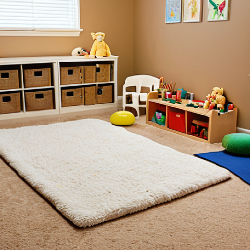 **A cozy and inviting play therapy room filled with soft rugs, cushions, age-appropriate toys, and natural light. Focus on a sense of warmth, safety, and accessibility for children. Consider including a small table with art supplies.**