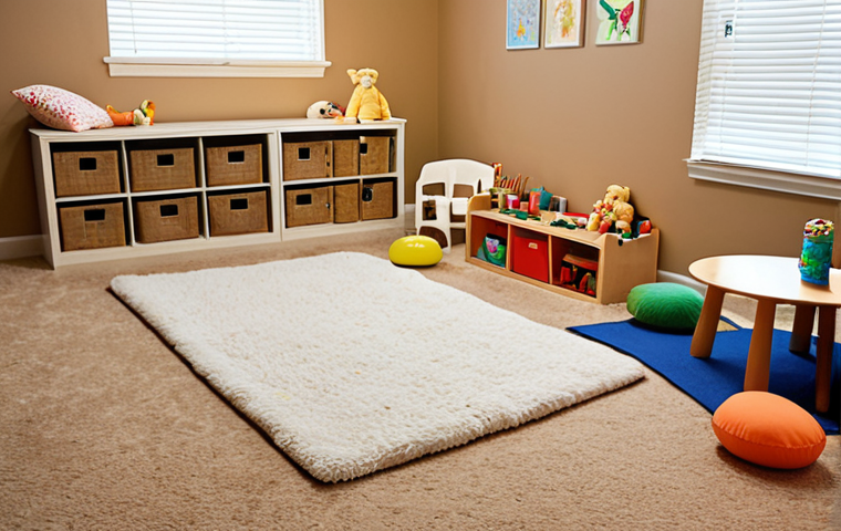 **A cozy and inviting play therapy room filled with soft rugs, cushions, age-appropriate toys, and natural light. Focus on a sense of warmth, safety, and accessibility for children. Consider including a small table with art supplies.**
