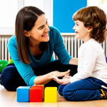 A professional female play therapist, wearing modest, comfortable attire, kneeling at eye level with a young child in a brightly lit play therapy room. The child, dressed in appropriate, family-friendly clothing, is engaged in building a colorful block tower, looking up at the therapist with a subtle smile. The therapist is smiling warmly, showing active empathy and deep connection. Various safe and age-appropriate toys are visible in the soft-focused background. This image embodies trust and the power of play. fully clothed, appropriate content, safe for work, professional, perfect anatomy, correct proportions, natural pose, well-formed hands, proper finger count, natural body proportions.