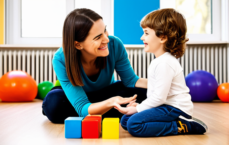 A professional female play therapist, wearing modest, comfortable attire, kneeling at eye level with a young child in a brightly lit play therapy room. The child, dressed in appropriate, family-friendly clothing, is engaged in building a colorful block tower, looking up at the therapist with a subtle smile. The therapist is smiling warmly, showing active empathy and deep connection. Various safe and age-appropriate toys are visible in the soft-focused background. This image embodies trust and the power of play. fully clothed, appropriate content, safe for work, professional, perfect anatomy, correct proportions, natural pose, well-formed hands, proper finger count, natural body proportions.