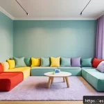 놀이치료에서의 놀이치료실 환경 구성 - A cozy therapeutic playroom designed for children, featuring soft pastel colors like light blue, min...