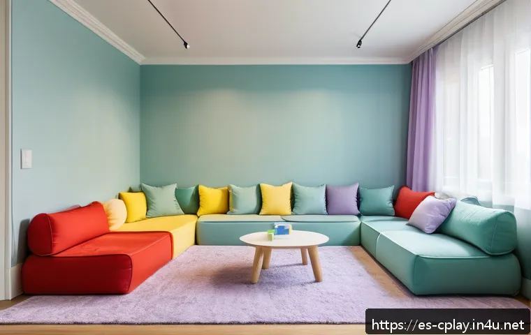놀이치료에서의 놀이치료실 환경 구성 - A cozy therapeutic playroom designed for children, featuring soft pastel colors like light blue, min...